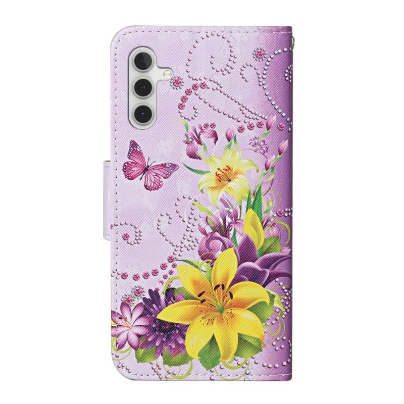 Capa Em Pele Para Samsung Galaxy A54 5G Borboletas Magistrais Com Cordão