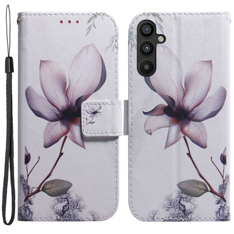 Capa Em Pele Para Samsung Galaxy A54 5G De Cordão Flor De Tiras Vintage