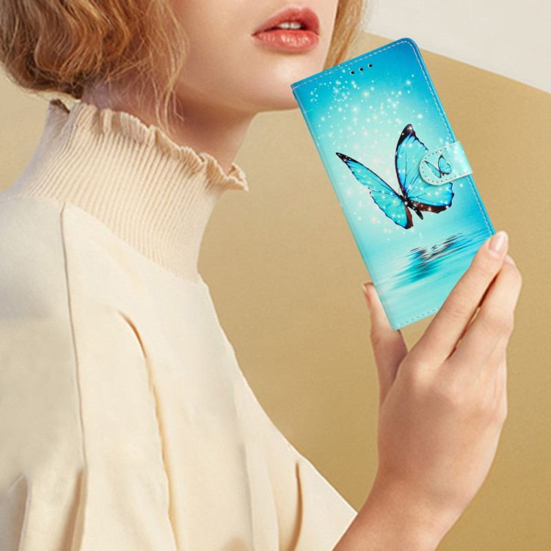 Capa Flip Para Samsung Galaxy A54 5G De Cordão Borboleta Azul Com Alça