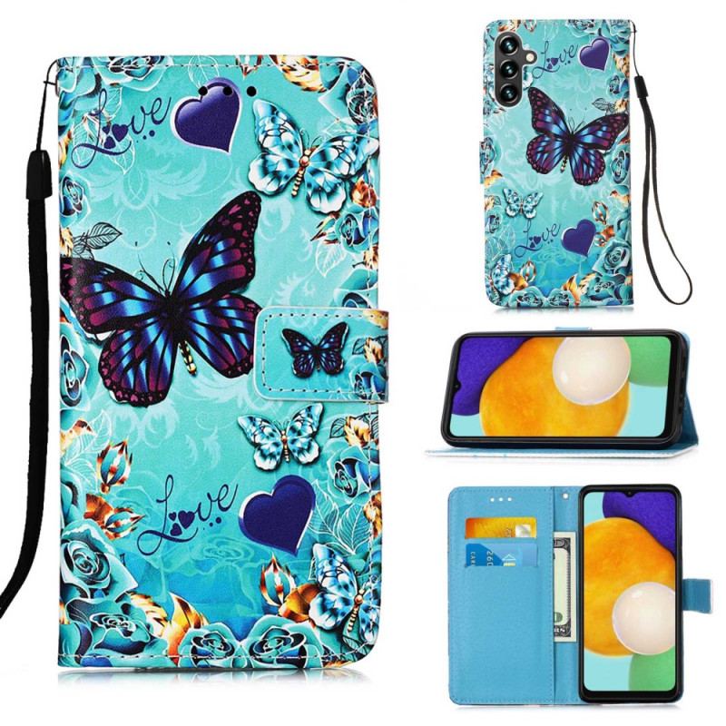 Capa Flip Para Samsung Galaxy A54 5G De Cordão Tanga Borboletas Coloridas