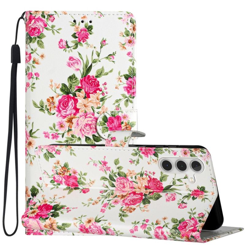 Capa Folio Para Samsung Galaxy A54 5G De Cordão Flores Da Liberdade Da Correia