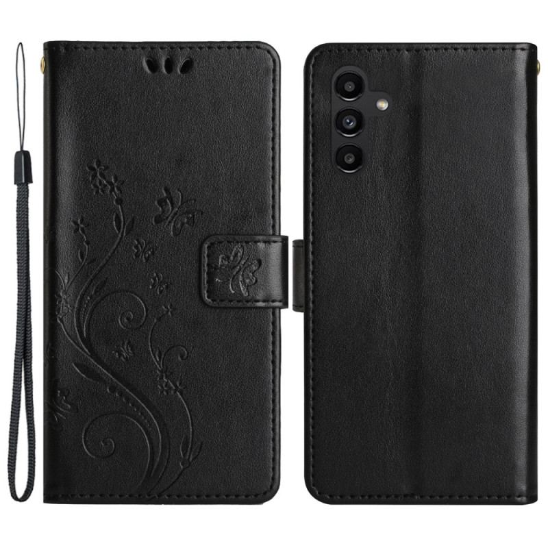 Capa Folio Para Samsung Galaxy A54 5G De Cordão Flores E Borboletas Com Alça