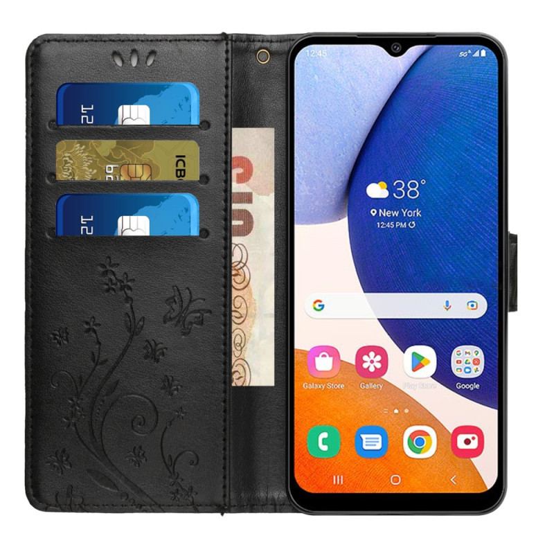 Capa Folio Para Samsung Galaxy A54 5G De Cordão Flores E Borboletas Com Alça