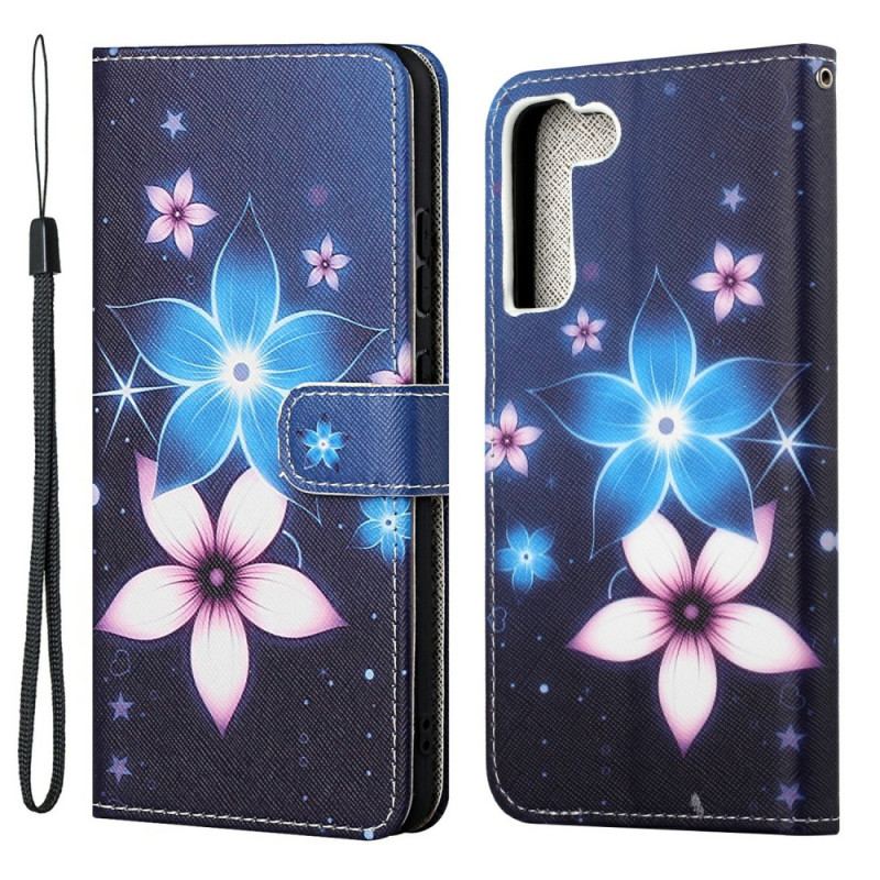 Capa De Couro Para Samsung Galaxy S22 Plus 5G De Cordão Flores De Cinta Lunar