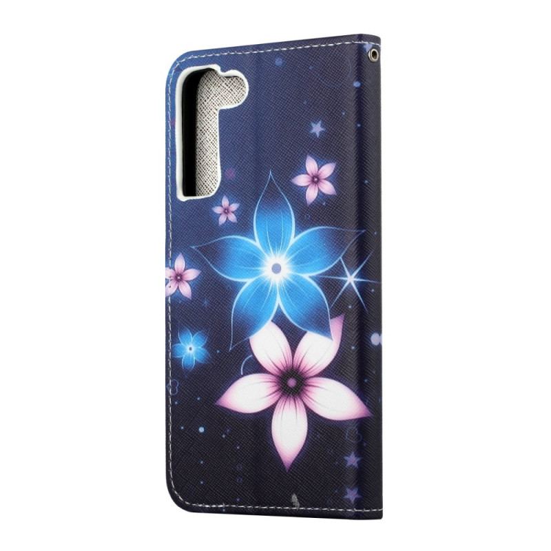 Capa De Couro Para Samsung Galaxy S22 Plus 5G De Cordão Flores De Cinta Lunar