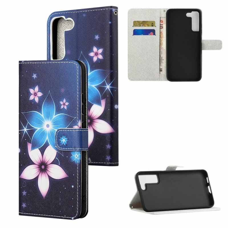 Capa De Couro Para Samsung Galaxy S22 Plus 5G De Cordão Flores De Cinta Lunar