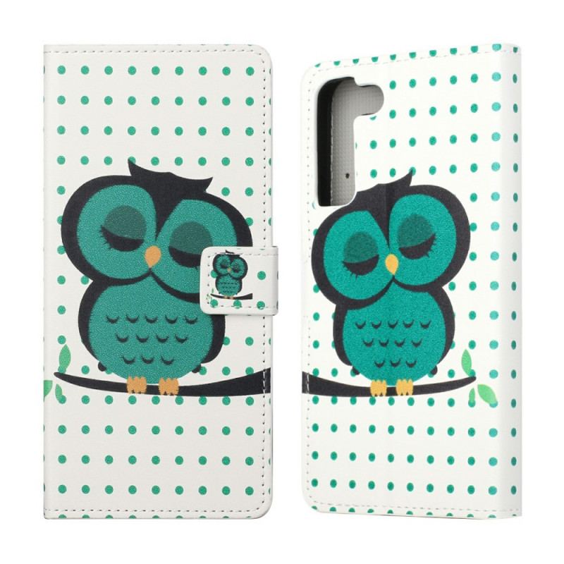 Capa De Couro Para Samsung Galaxy S22 Plus 5G Coruja Adormecida
