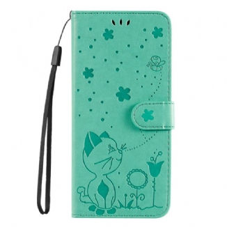 Capa Flip Para Samsung Galaxy S22 Plus 5G De Cordão Gato E Abelha Com Cordão