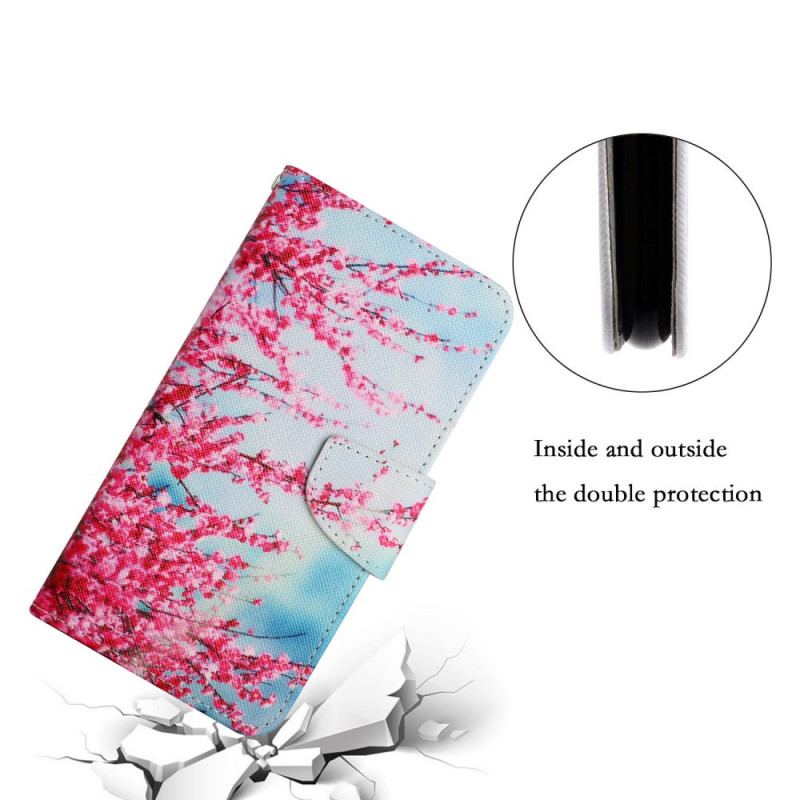 Capa Flip Para Samsung Galaxy S22 Plus 5G De Cordão Ramo Florido Com Alça