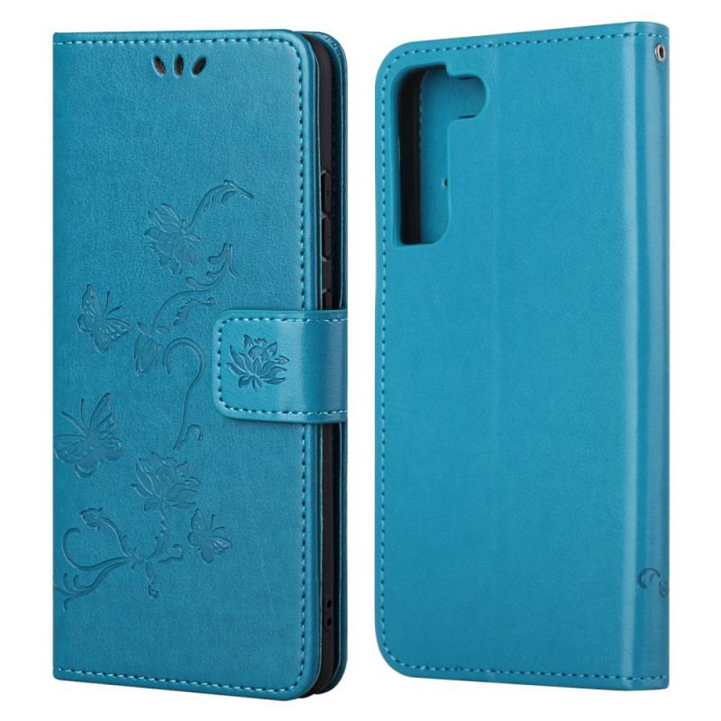 Capa Flip Para Samsung Galaxy S22 Plus 5G De Cordão Tanga Borboletas E Flores