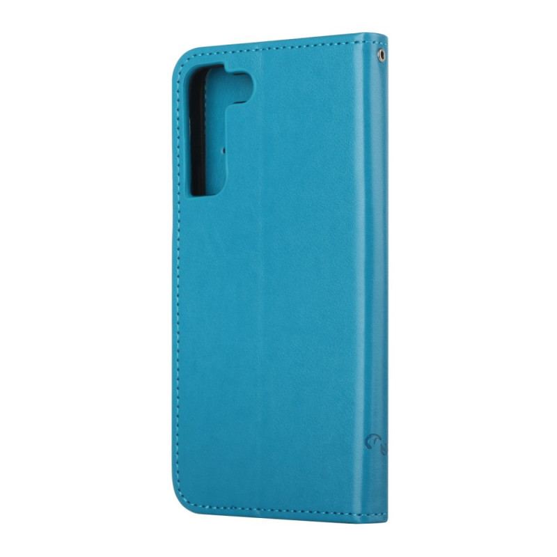 Capa Flip Para Samsung Galaxy S22 Plus 5G De Cordão Tanga Borboletas E Flores