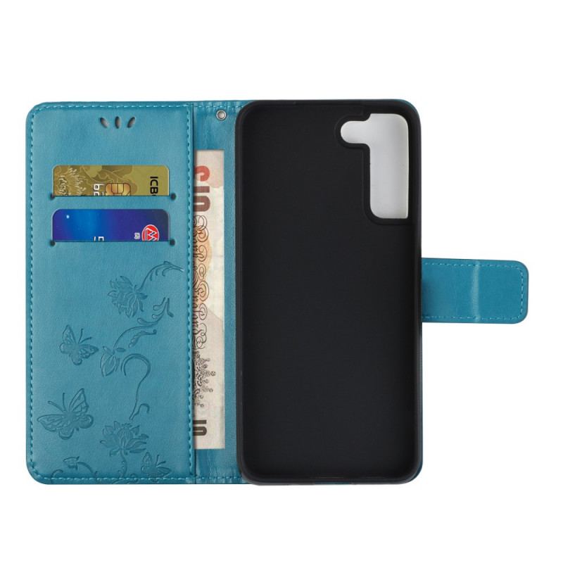 Capa Flip Para Samsung Galaxy S22 Plus 5G De Cordão Tanga Borboletas E Flores