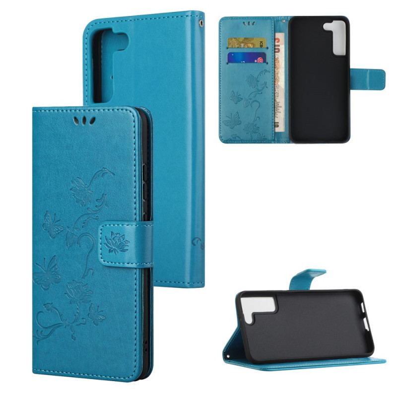 Capa Flip Para Samsung Galaxy S22 Plus 5G De Cordão Tanga Borboletas E Flores