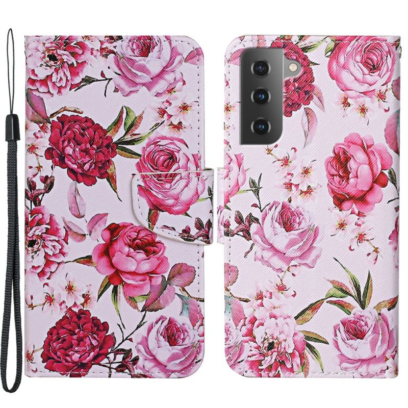 Capa Flip Para Samsung Galaxy S22 Plus 5G Flores Magistrais Com Alça