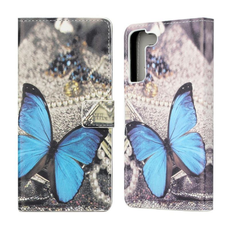 Capa Folio Para Samsung Galaxy S22 Plus 5G Borboleta Prestige Azul