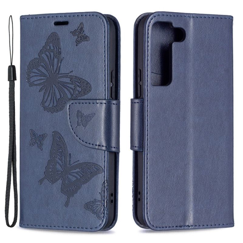 Capa Folio Para Samsung Galaxy S22 Plus 5G Borboletas Voando Com Cordão