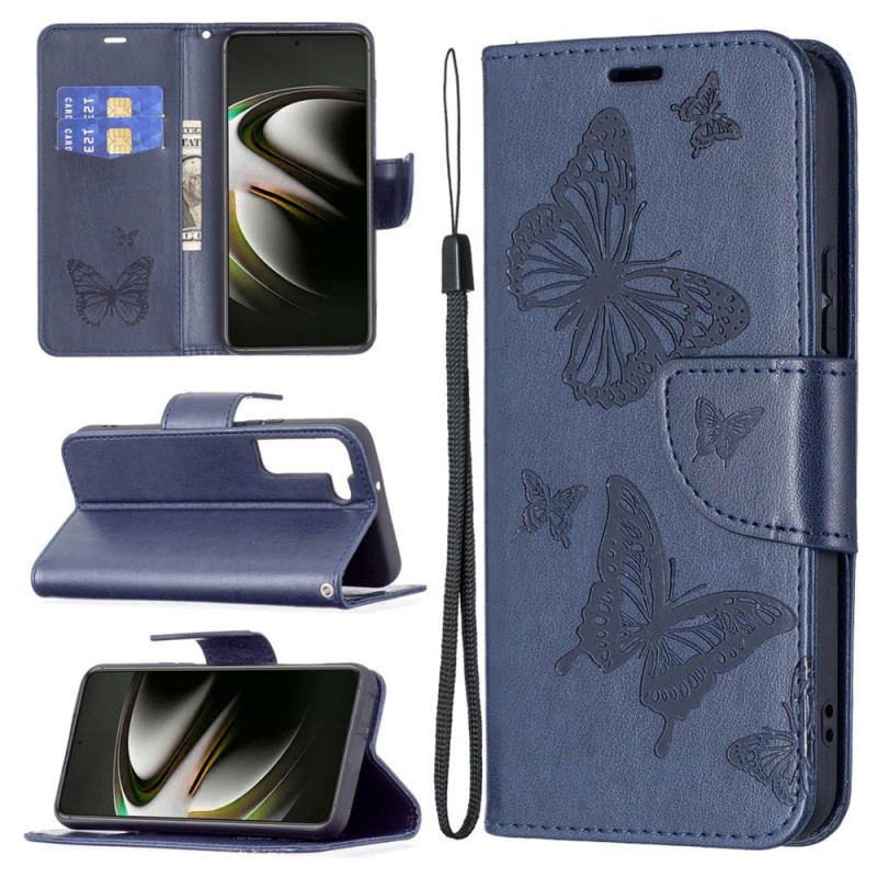 Capa Folio Para Samsung Galaxy S22 Plus 5G Borboletas Voando Com Cordão
