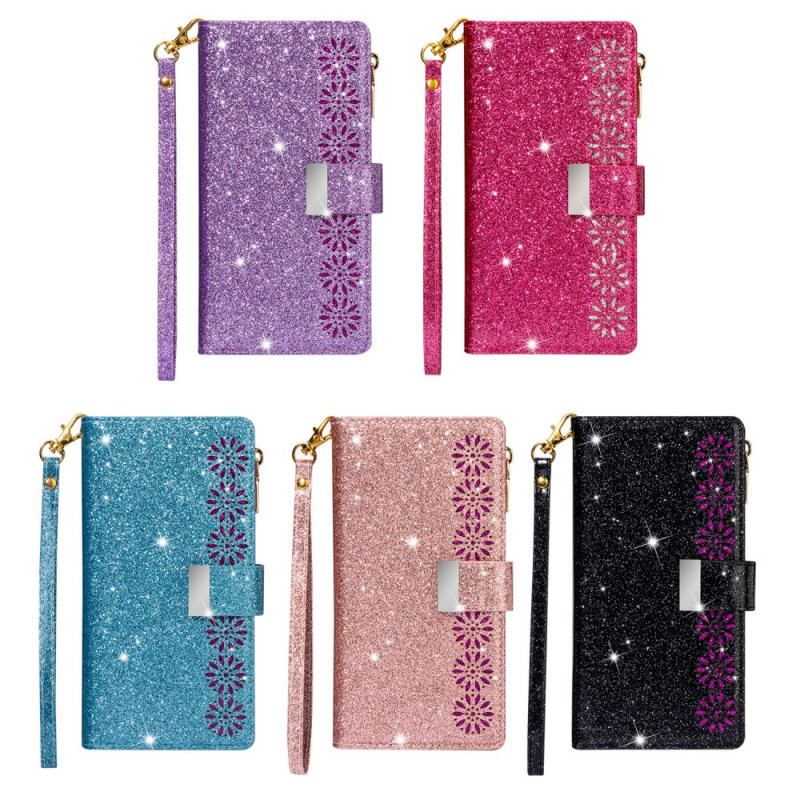 Capa Folio Para Samsung Galaxy S22 Plus 5G Capa Tipo Carteira Carteira Com Zíper De Lantejoulas
