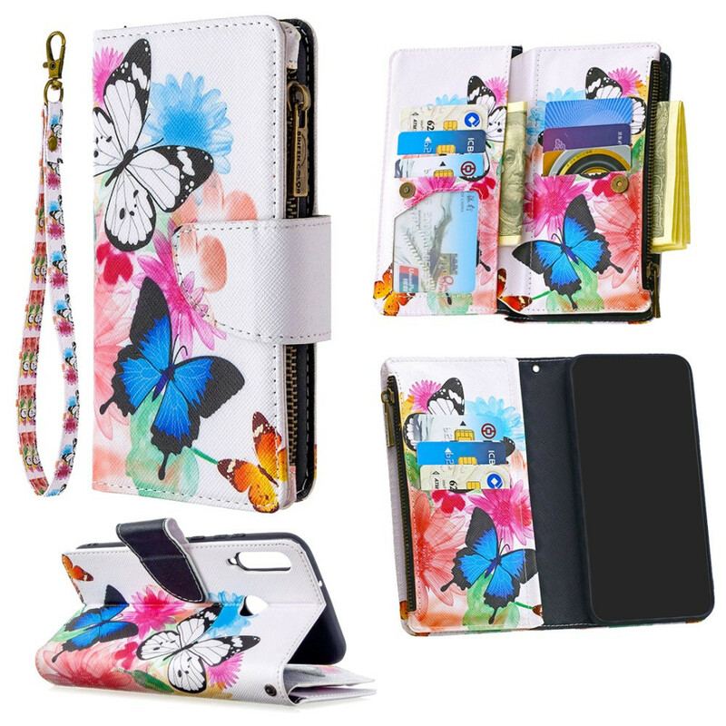 Capa Folio Para Huawei P40 Lite E Bolso Com Zíper De Borboletas