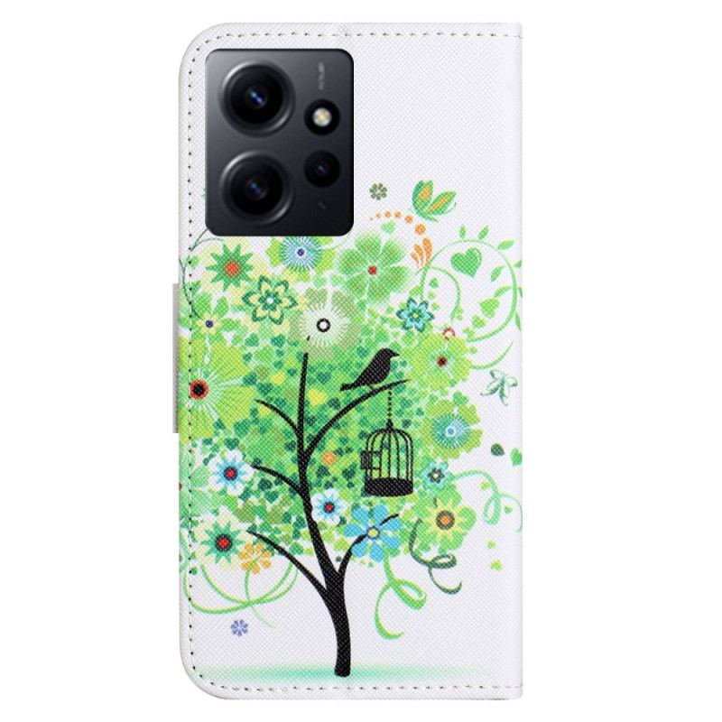 Capa De Couro Para Xiaomi Redmi Note 12 4G Árvore Com Folhas Verdes