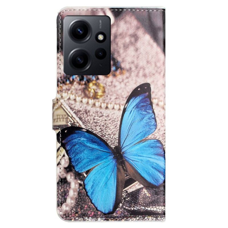 Capa De Couro Para Xiaomi Redmi Note 12 4G Borboleta Azul