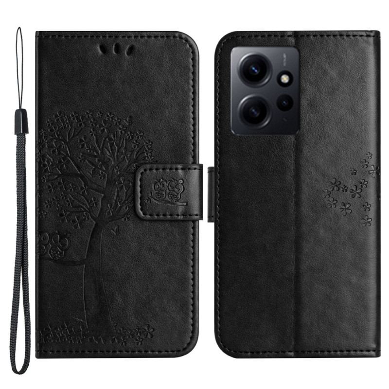 Capa De Couro Para Xiaomi Redmi Note 12 4G De Cordão Árvore E Gato Strappy