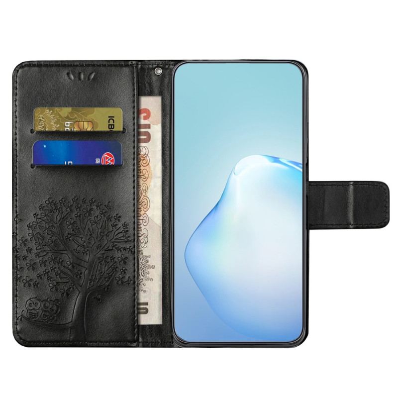 Capa De Couro Para Xiaomi Redmi Note 12 4G De Cordão Árvore E Gato Strappy