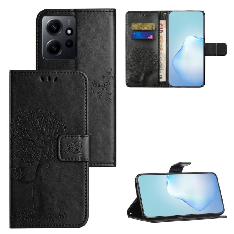 Capa De Couro Para Xiaomi Redmi Note 12 4G De Cordão Árvore E Gato Strappy