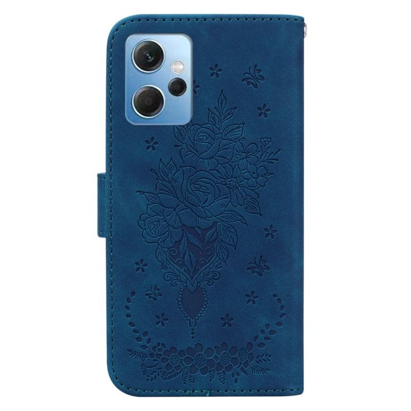 Capa Folio Para Xiaomi Redmi Note 12 4G De Cordão Strappy Rosas E Borboletas