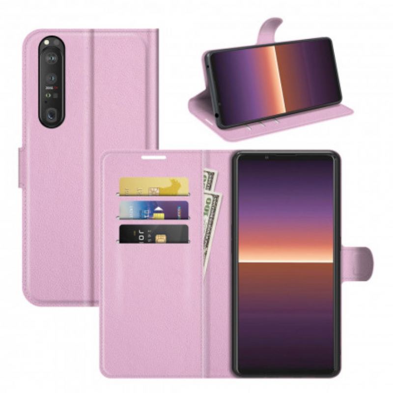 Capa Folio Para Sony Xperia 1 III Efeito Lichia Clássico