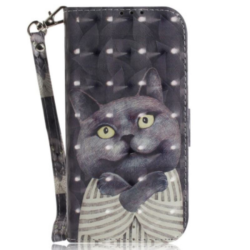 Capa De Couro Para Poco X4 Pro 5G De Cordão Gato Cinzento Com Alça