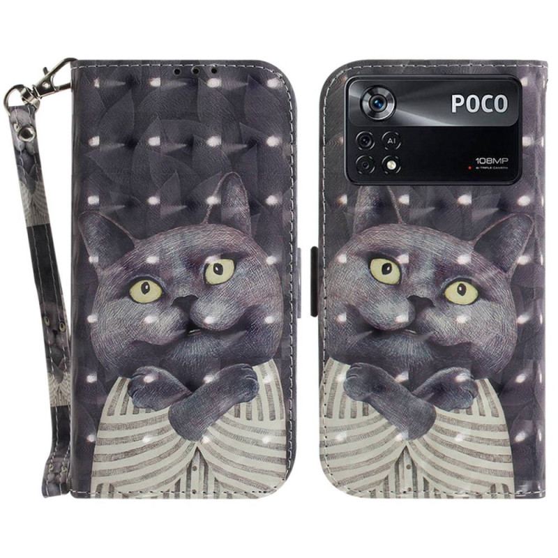 Capa De Couro Para Poco X4 Pro 5G De Cordão Gato Cinzento Com Alça