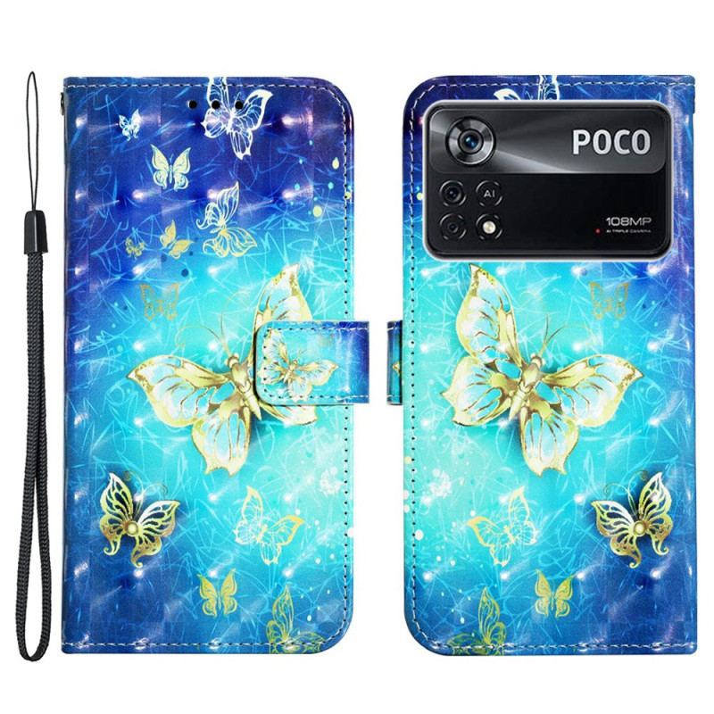 Capa De Couro Para Poco X4 Pro 5G De Cordão Voo De Borboletas Em Cordão