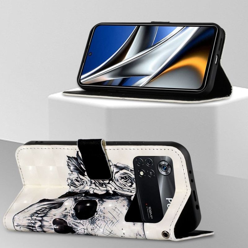 Capa Flip Para Poco X4 Pro 5G De Cordão Caveira Floral Com Alça