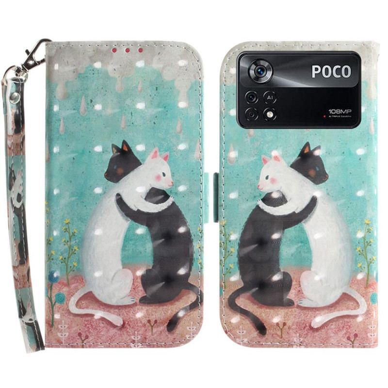 Capa Flip Para Poco X4 Pro 5G De Cordão Gato Preto Gato Branco Com Alça