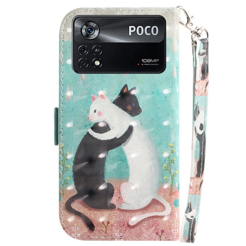 Capa Flip Para Poco X4 Pro 5G De Cordão Gato Preto Gato Branco Com Alça