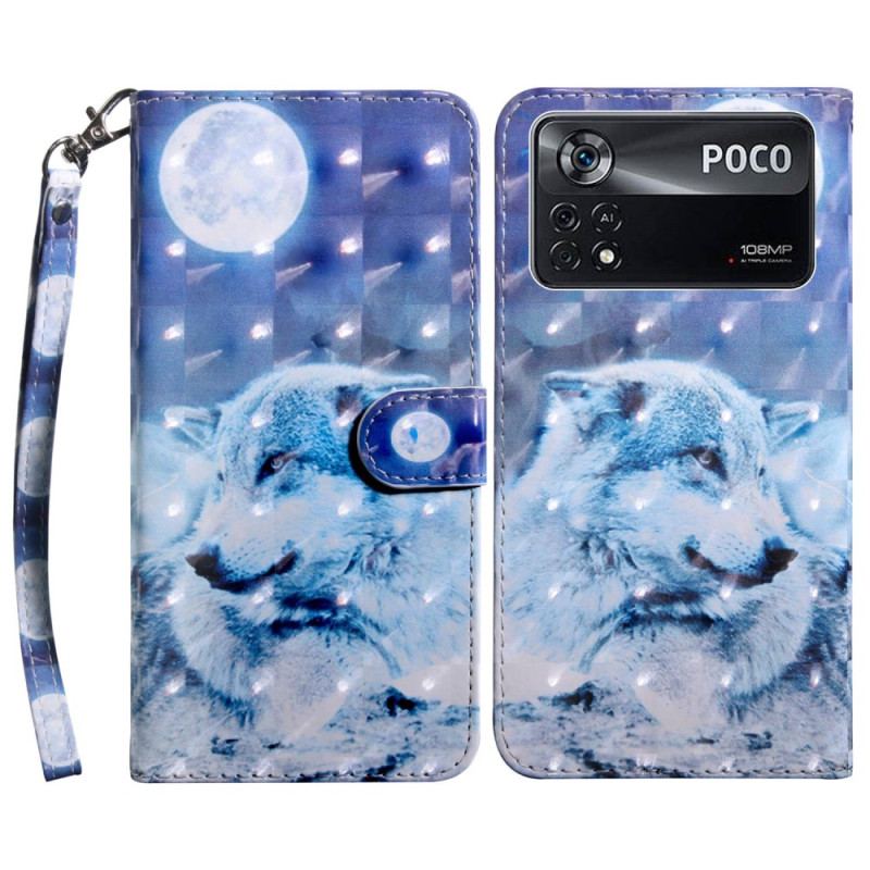 Capa Flip Para Poco X4 Pro 5G De Cordão Olhar De Lobo Strappy