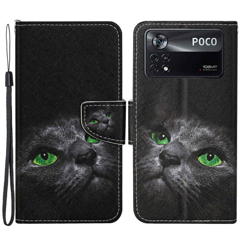 Capa Folio Para Poco X4 Pro 5G De Cordão Gato De Olhos Verdes Na Alça
