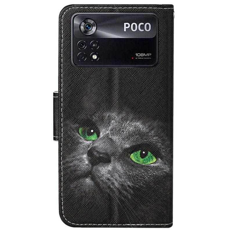 Capa Folio Para Poco X4 Pro 5G De Cordão Gato De Olhos Verdes Na Alça