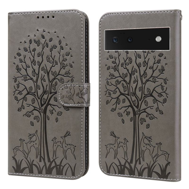 Capa De Couro Para Google Pixel 6 Árvore E Veado