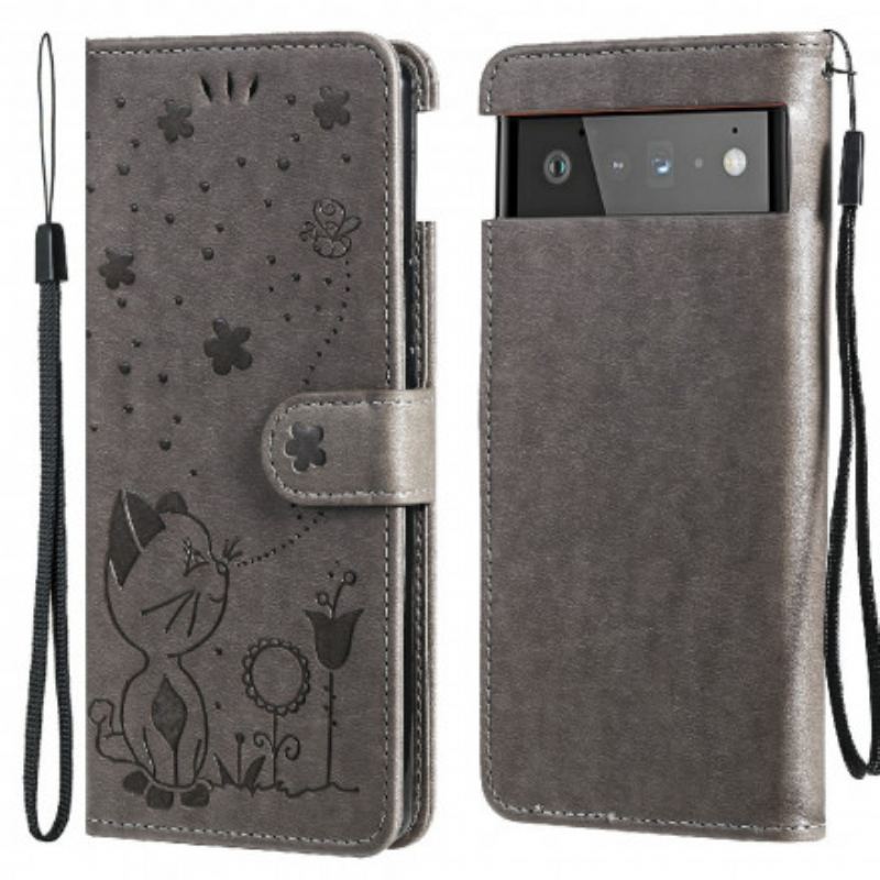 Capa Em Pele Para Google Pixel 6 De Cordão Gato E Abelha Com Cordão