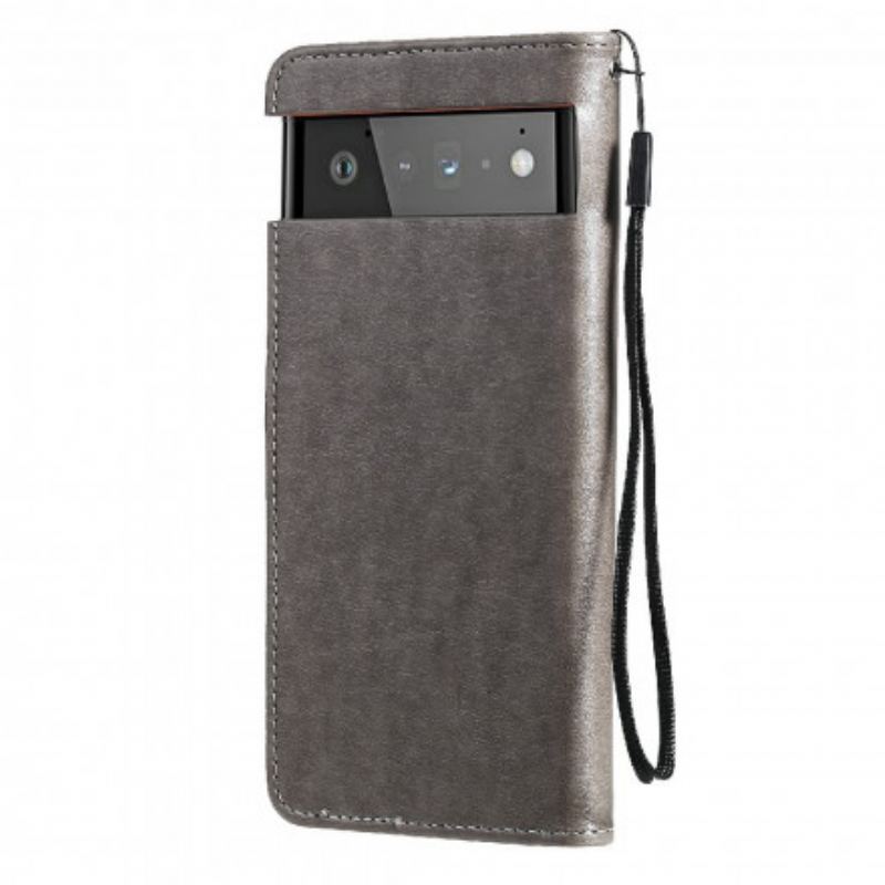 Capa Em Pele Para Google Pixel 6 De Cordão Gato E Abelha Com Cordão