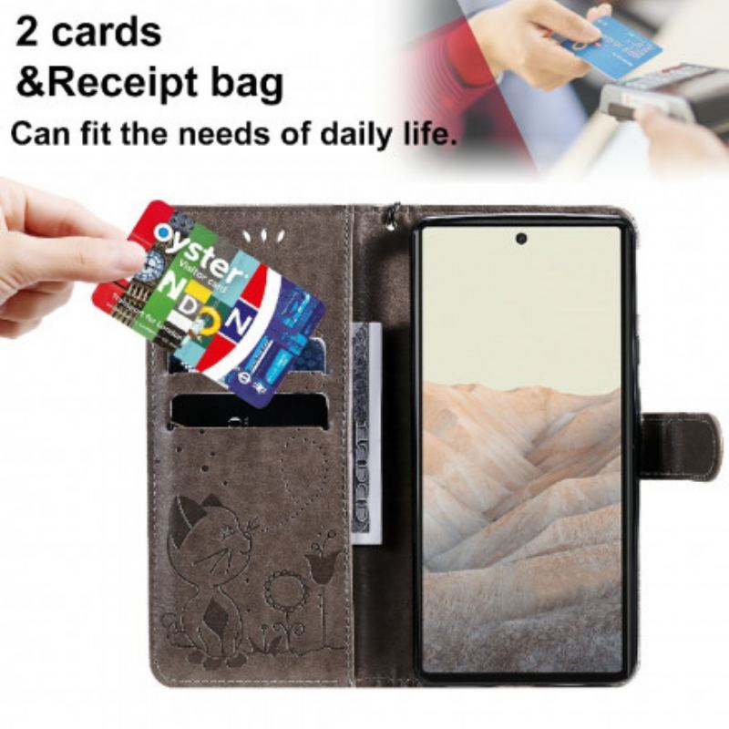 Capa Em Pele Para Google Pixel 6 De Cordão Gato E Abelha Com Cordão