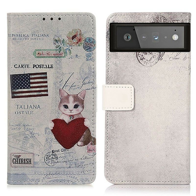 Capa Folio Para Google Pixel 6 Gato Viajante