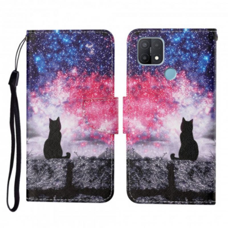 Capa De Couro Para Oppo A15 Histórias De Gatos Com Cordão