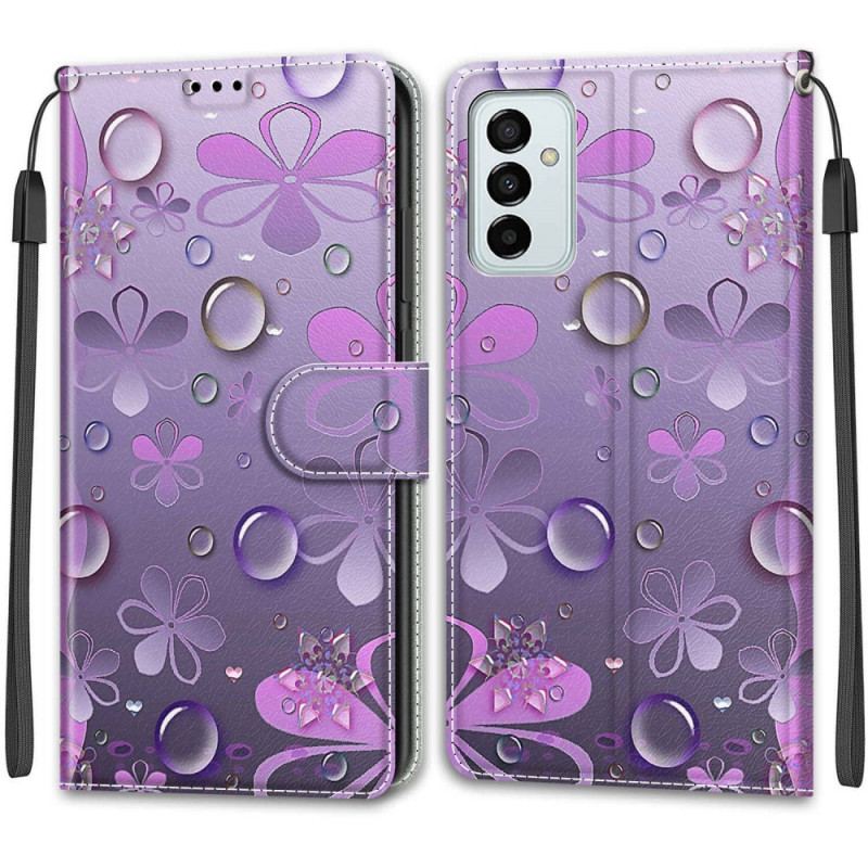 Capa De Couro Para Samsung Galaxy M23 5G Gotas De Água Com Cordão