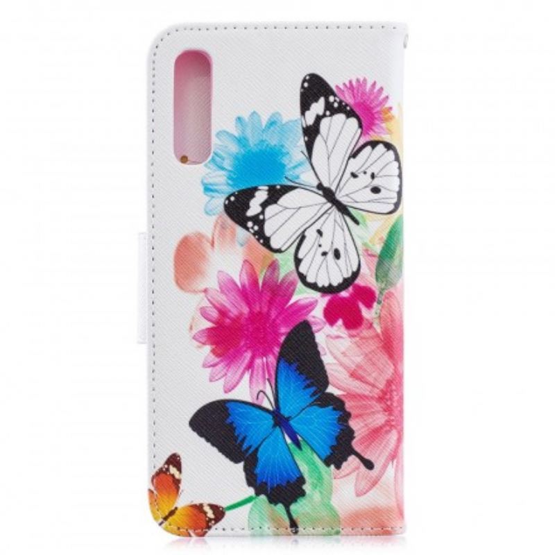 Capa Em Pele Para Samsung Galaxy A70 Borboletas E Flores Pintadas