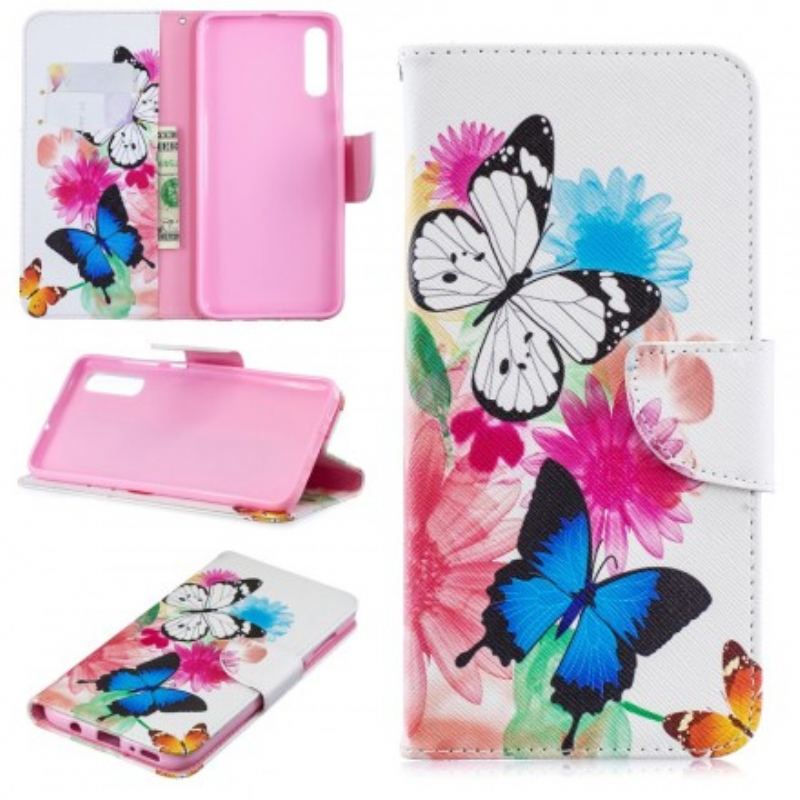 Capa Em Pele Para Samsung Galaxy A70 Borboletas E Flores Pintadas