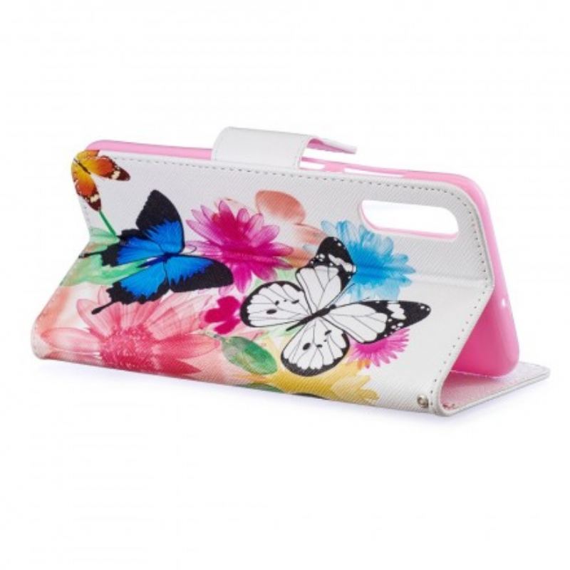 Capa Em Pele Para Samsung Galaxy A70 Borboletas E Flores Pintadas
