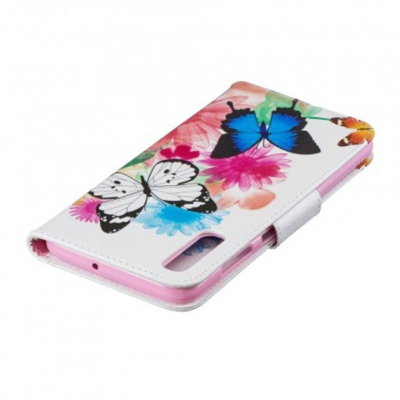 Capa Em Pele Para Samsung Galaxy A70 Borboletas E Flores Pintadas